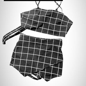 Shein black white 2 piece crop top skort set XS strappy skirt